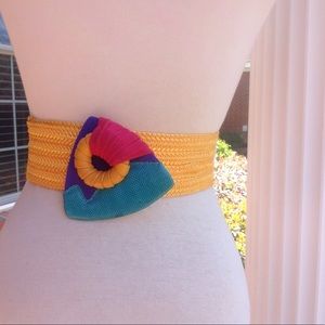 1980's Yellow Pink Ratan Belt Colorblock Art Deco